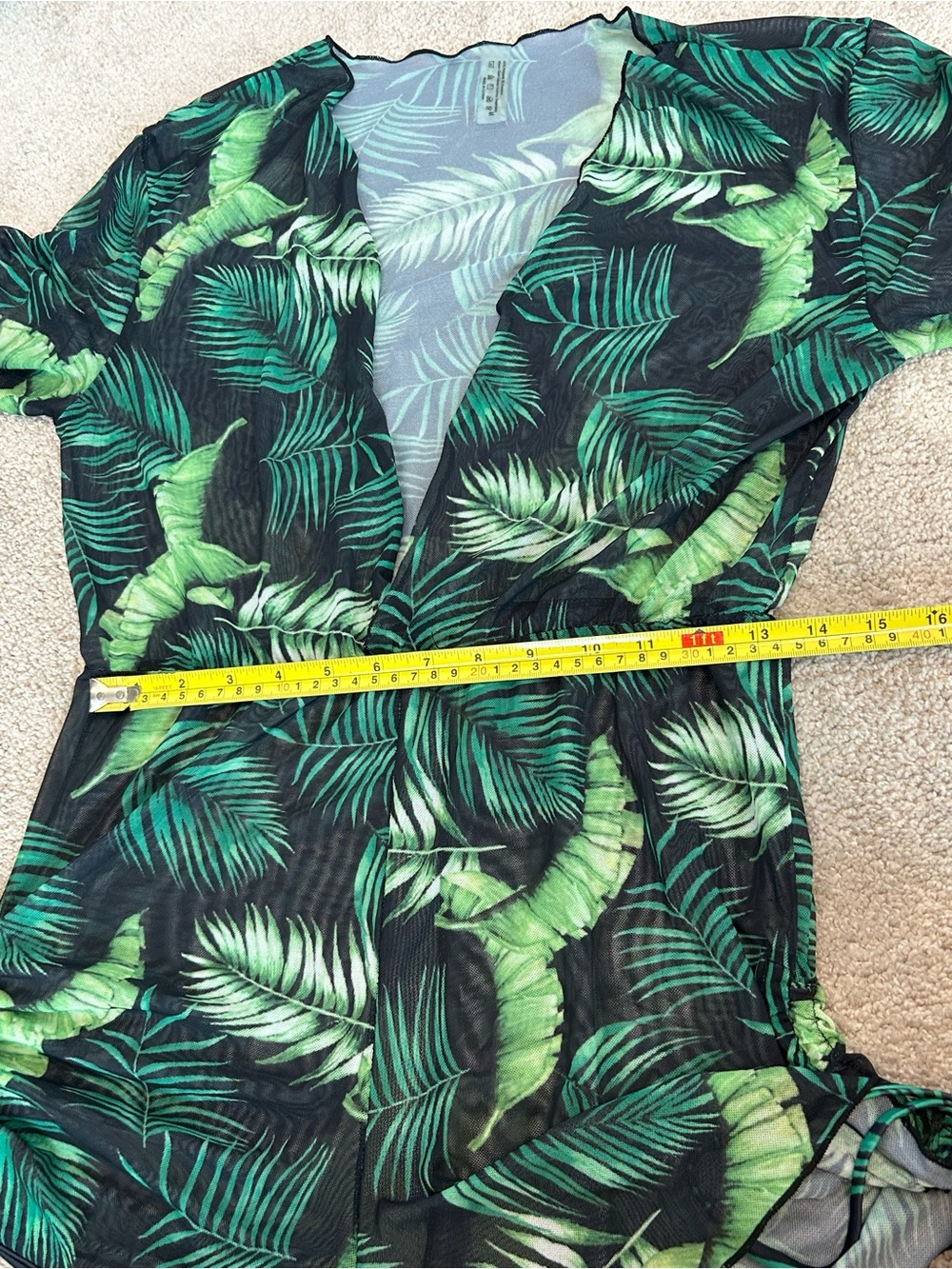 Tropical Palm Leaf Sheer deep plunge Romper Cover-Up Long Sleeve Black Green M - Picture 14 of 16